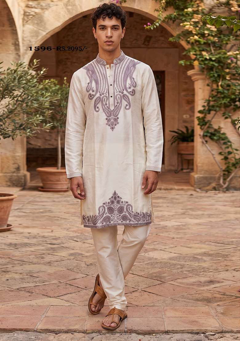 Cream Embroidery Silk Straight Kurta Set - Indya