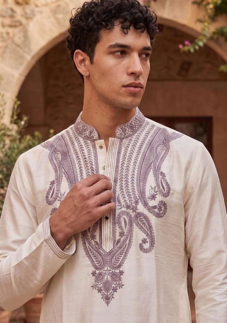 Cream Embroidery Silk Straight Kurta Set - Indya