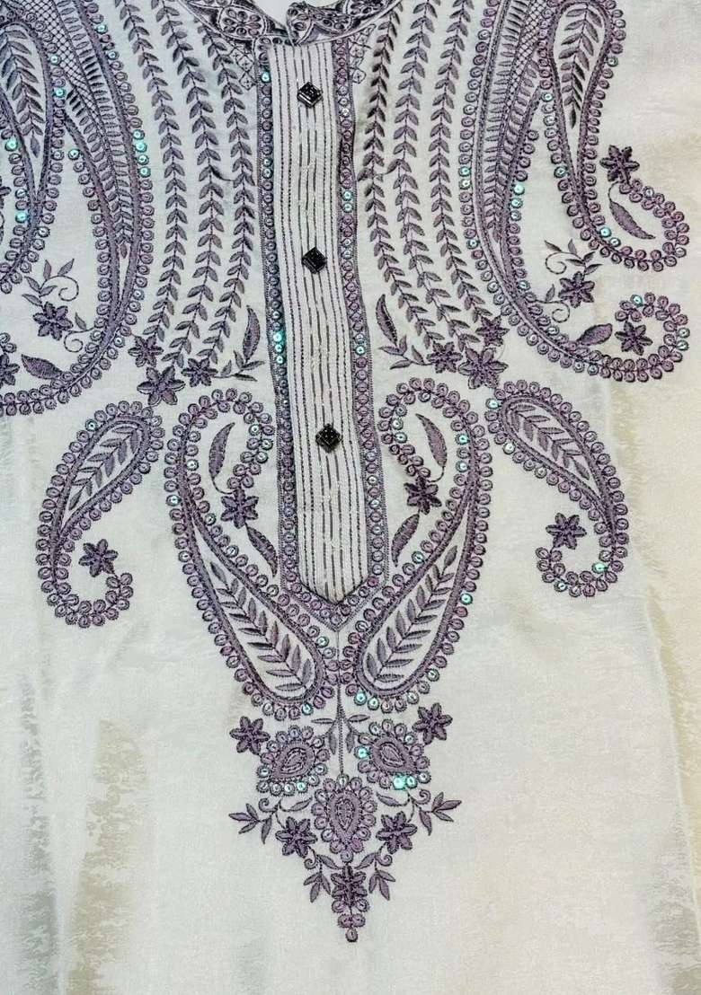 Cream Embroidery Silk Straight Kurta Set - Indya