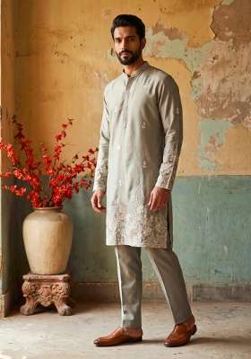 Grey Embroidery Linen Straight Kurta Set