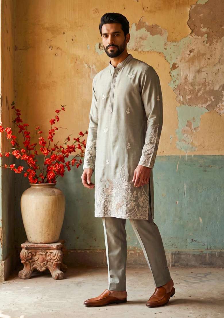 Grey Embroidery Linen Straight Kurta Set - Indya