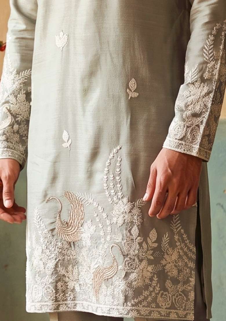 Grey Embroidery Linen Straight Kurta Set - Indya