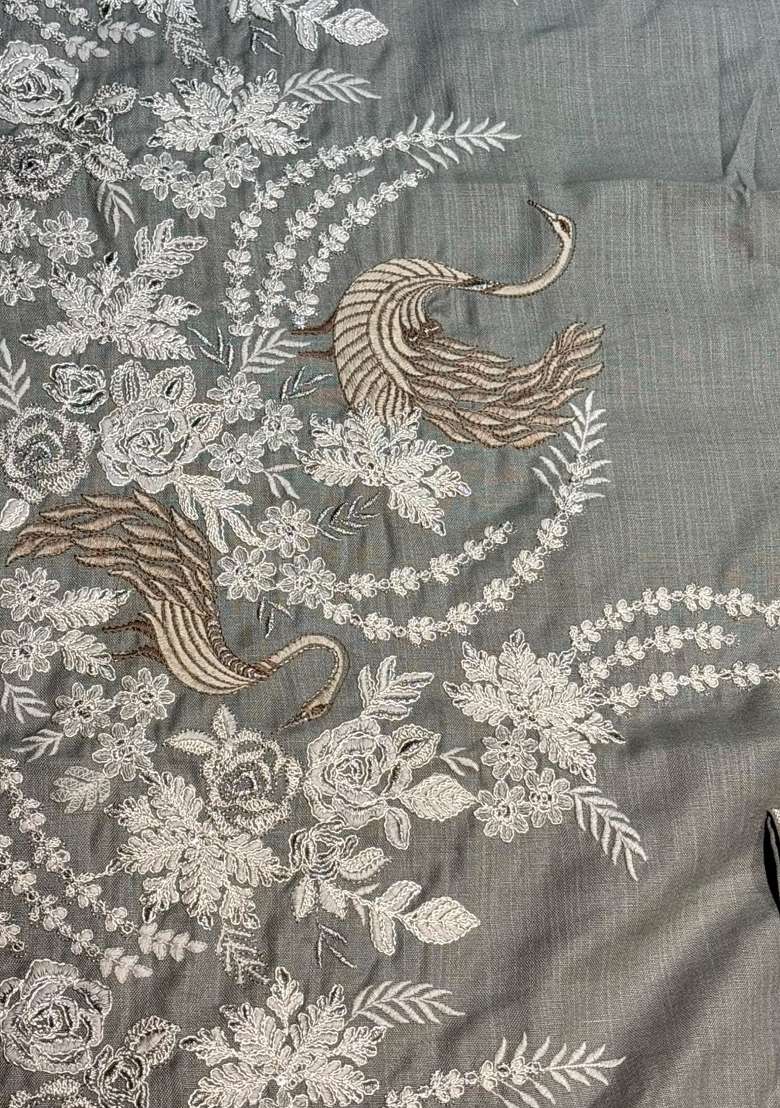 Grey Embroidery Linen Straight Kurta Set - Indya