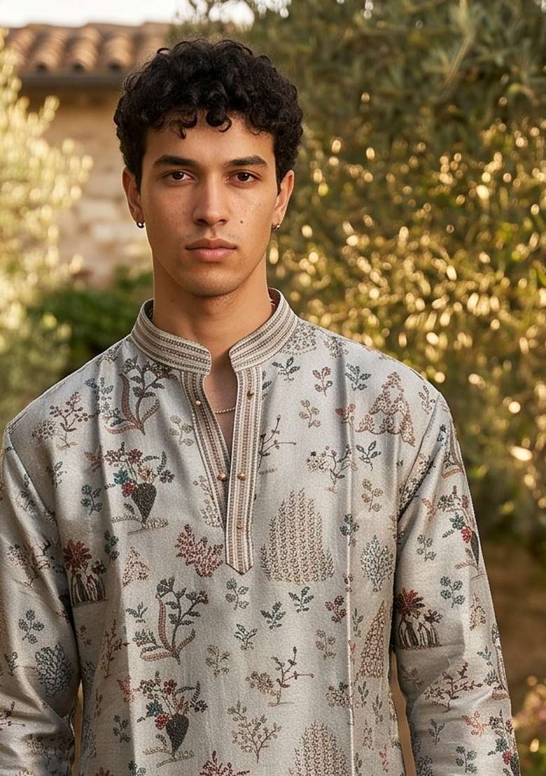 Grey Embroidery Tissue Straight Kurta Set - Indya