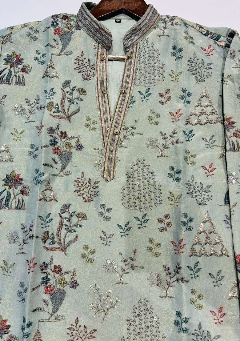 Grey Embroidery Tissue Straight Kurta Set - Indya