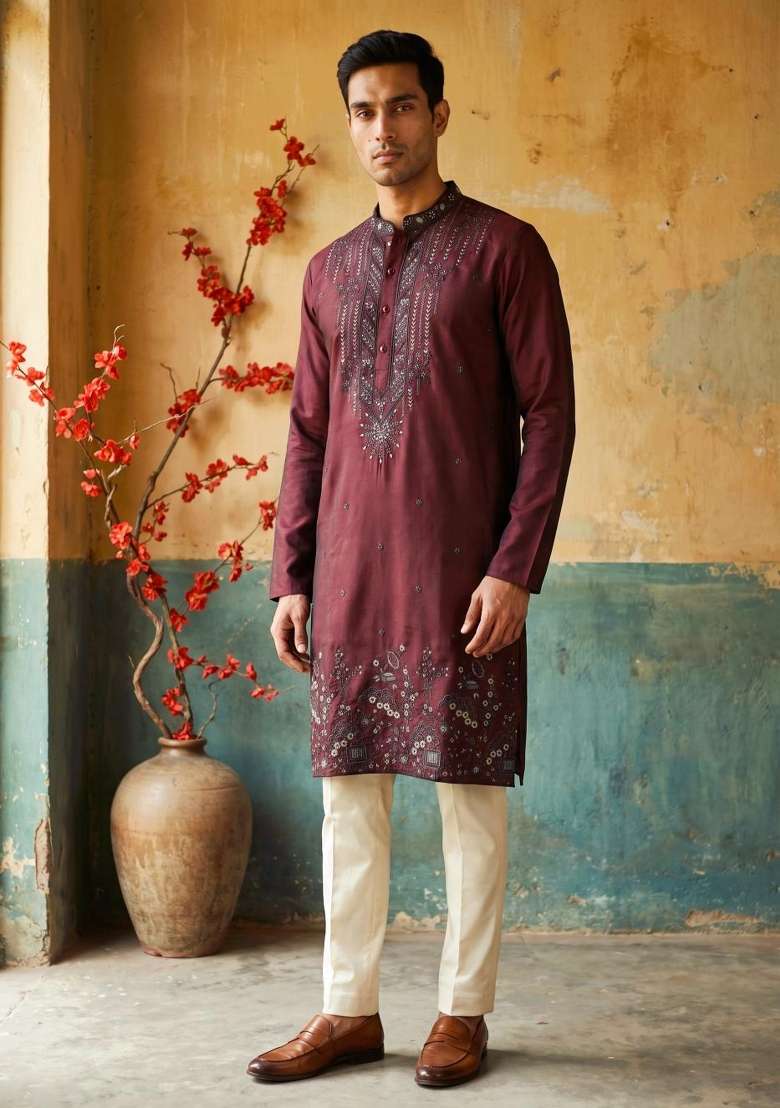 Maroon Embroidery Silk Straight Kurta Set - Indya