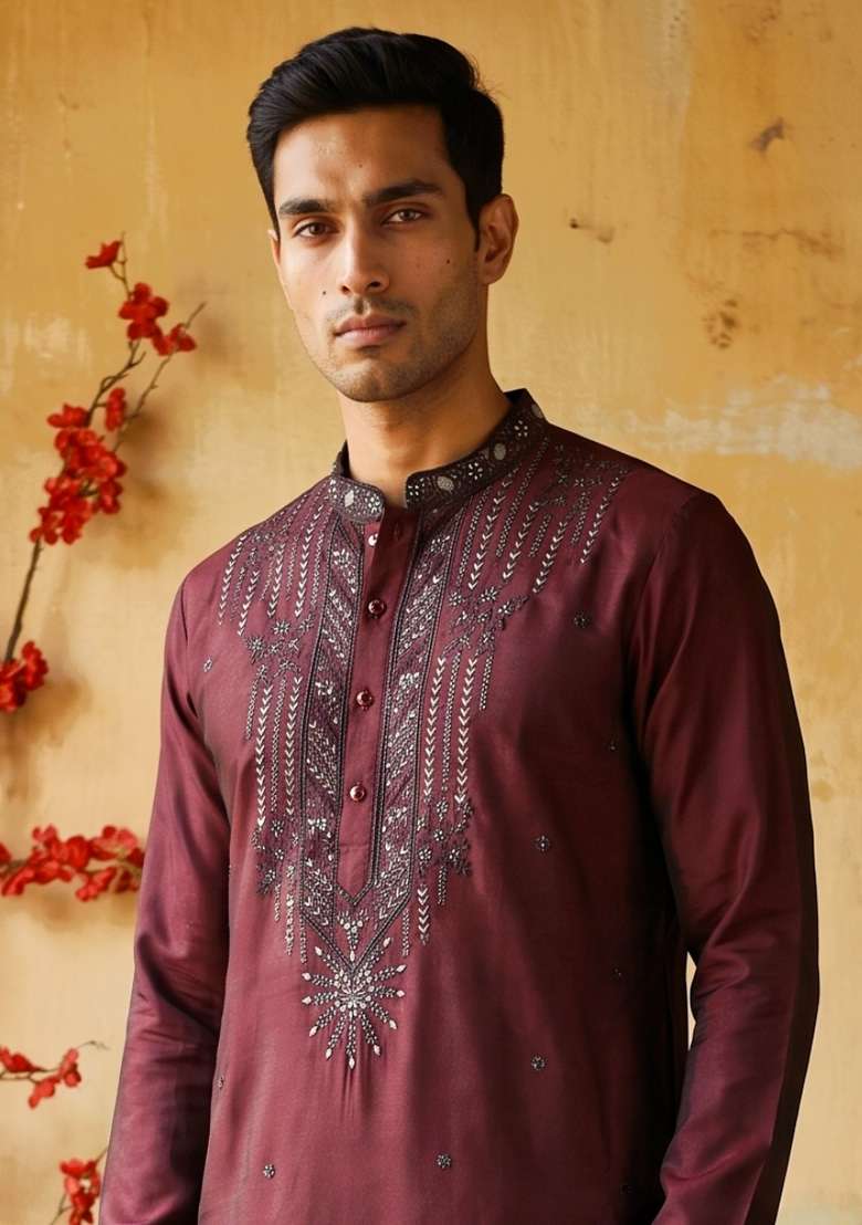 Maroon Embroidery Silk Straight Kurta Set - Indya