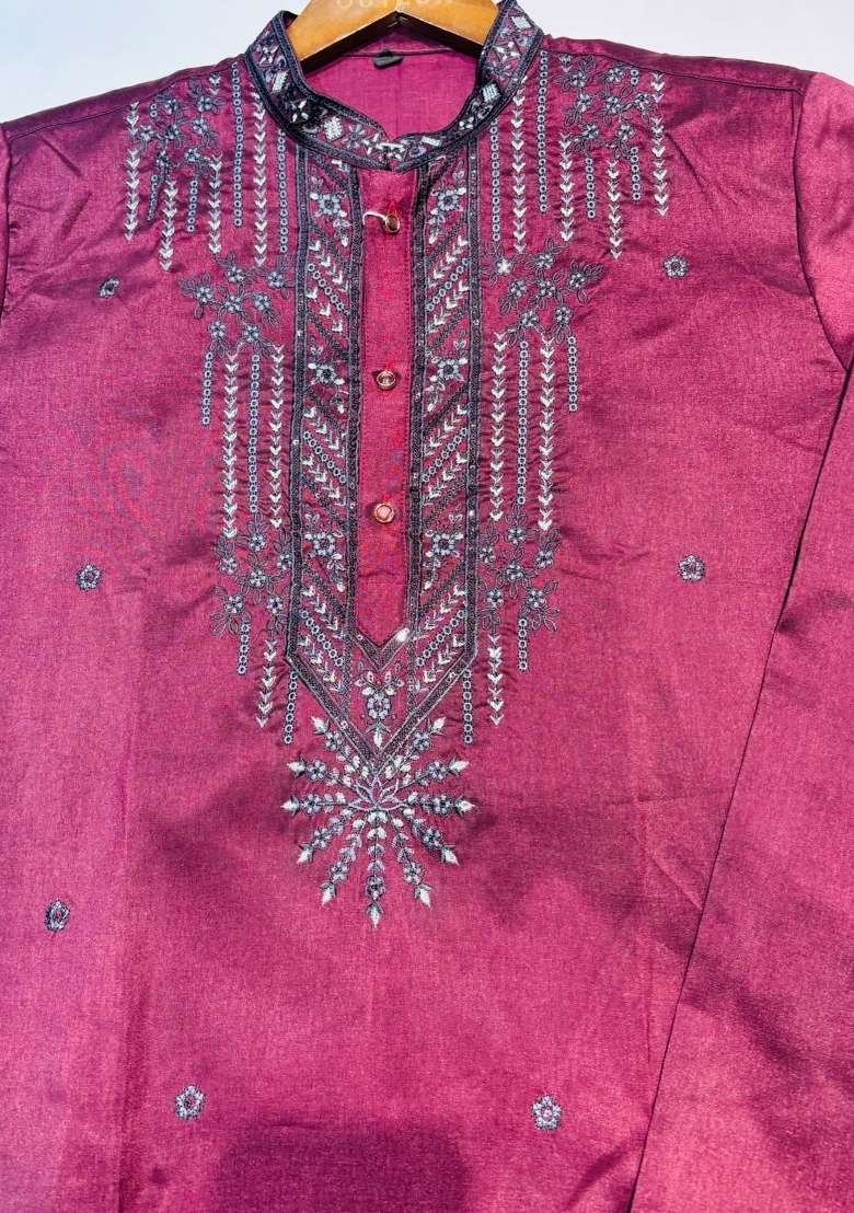 Maroon Embroidery Silk Straight Kurta Set - Indya