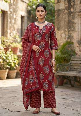 Maroon Printed Cotton Kurta Set