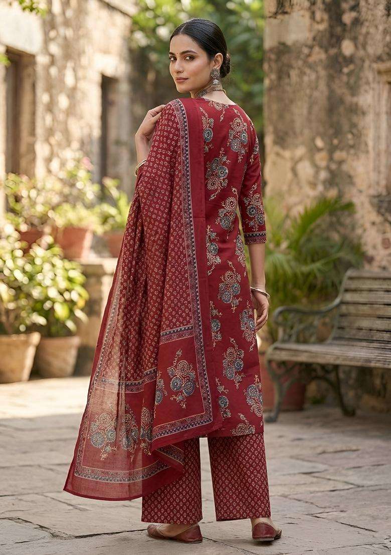 Maroon Printed Cotton Kurta Set - Indya