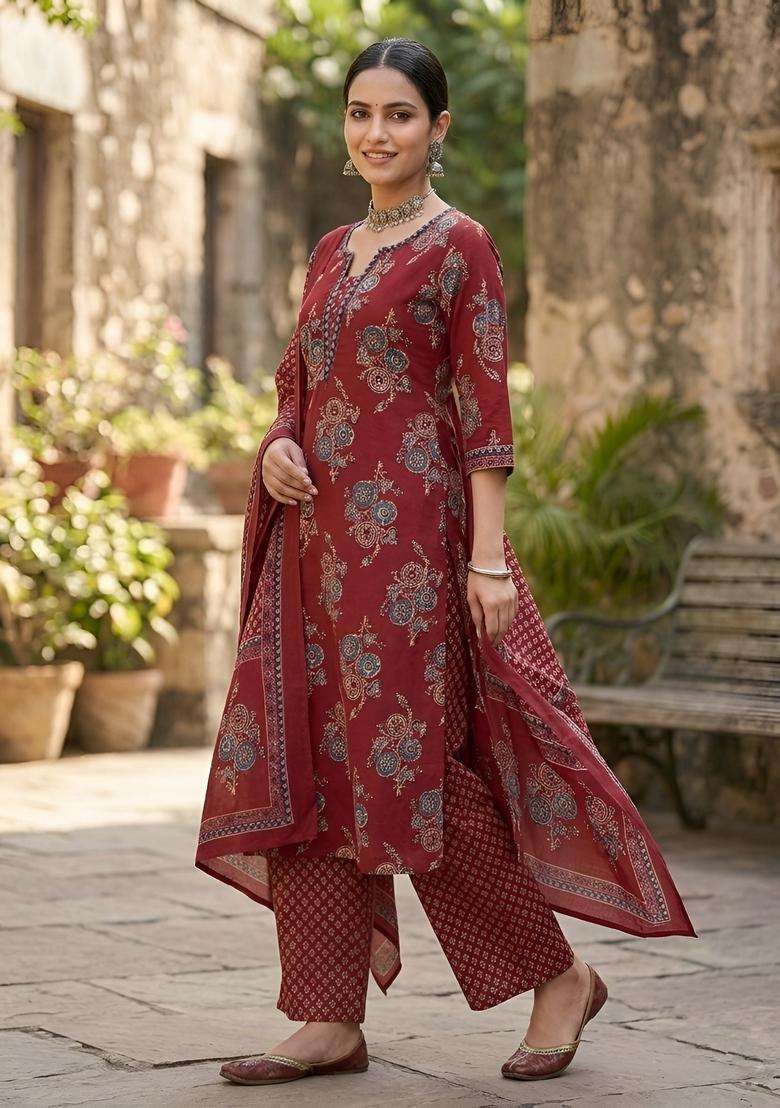 Maroon Printed Cotton Kurta Set - Indya