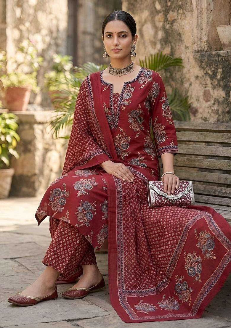 Maroon Printed Cotton Kurta Set - Indya