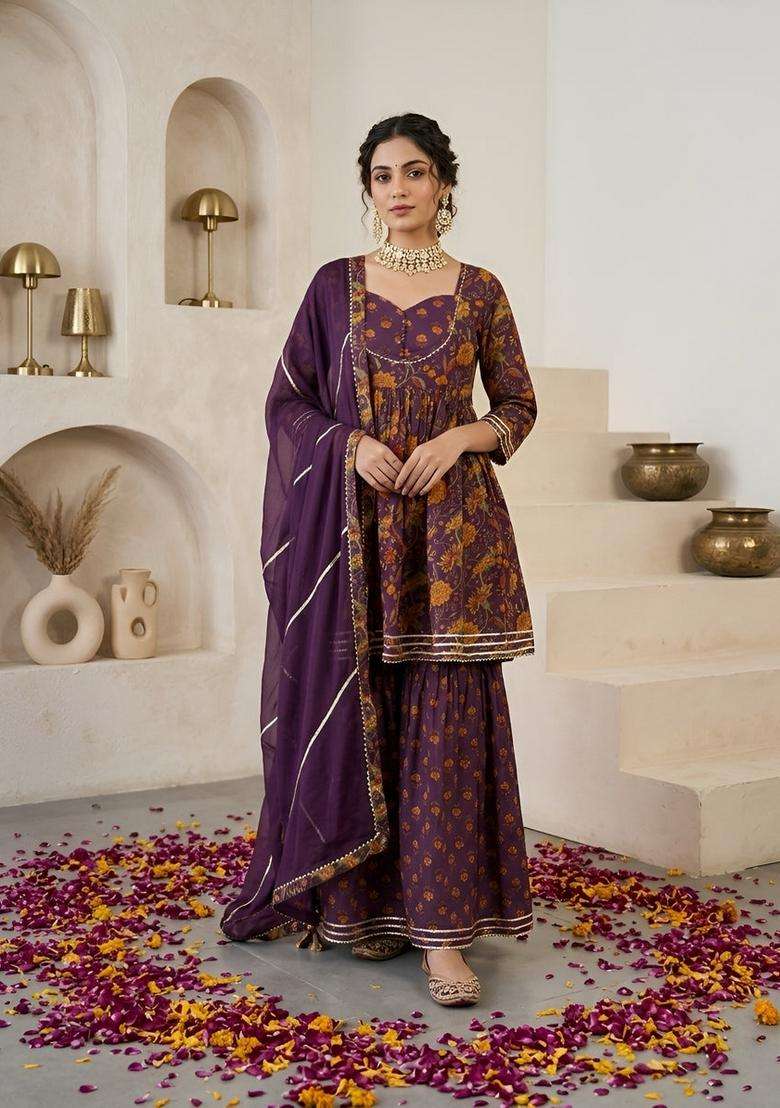 Purple Printed Cotton Kurta Set - Indya