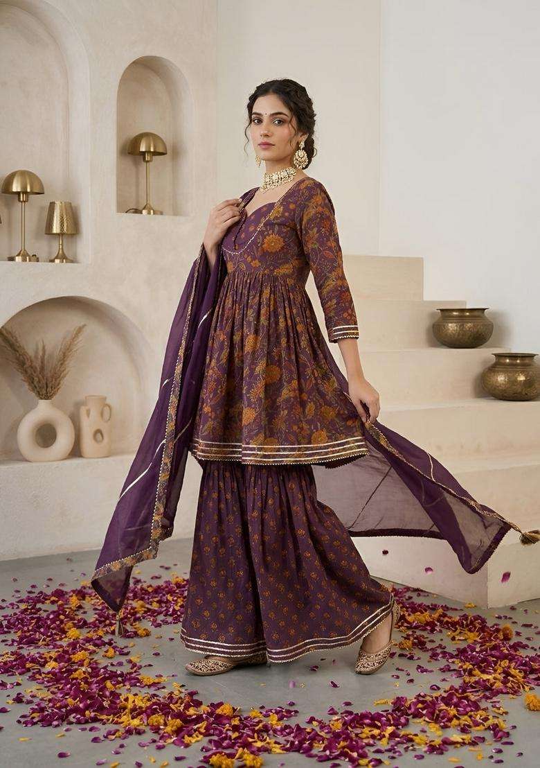Purple Printed Cotton Kurta Set - Indya