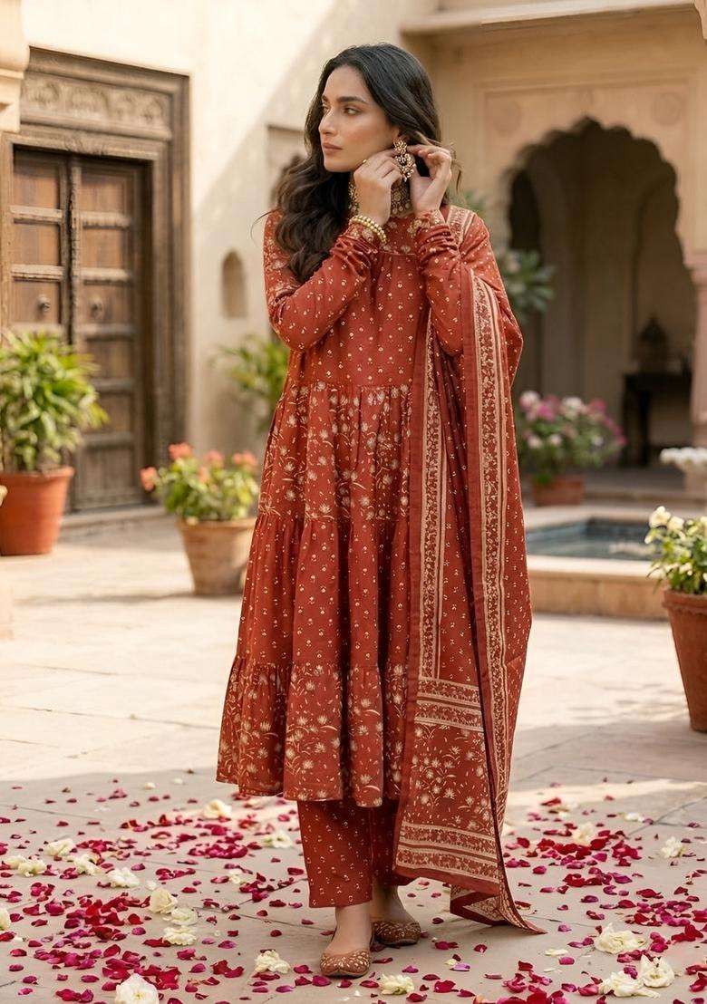 Orange Printed Cotton Kurta Set - Indya
