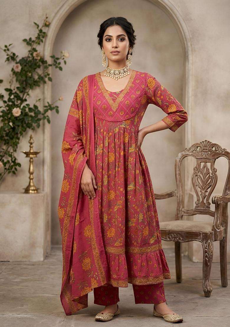 Pink Printed Cotton Kurta Set - Indya