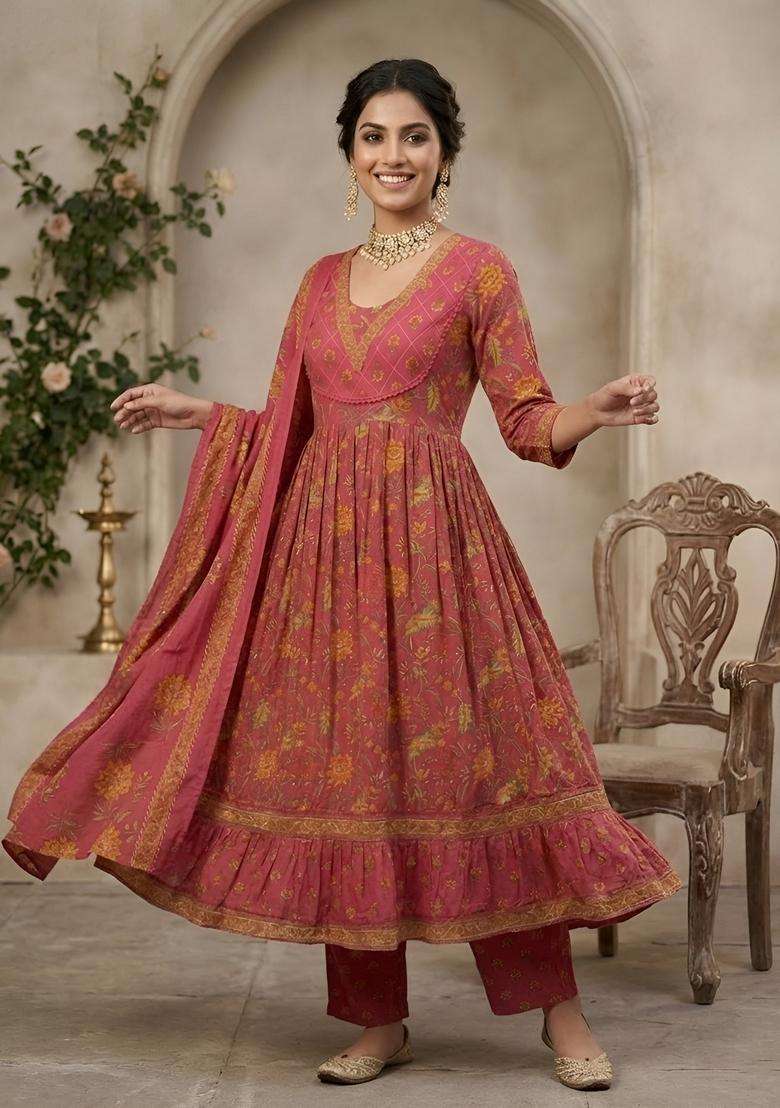 Pink Printed Cotton Kurta Set - Indya