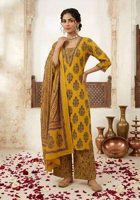 Yellow Printed Cotton Kurta Set