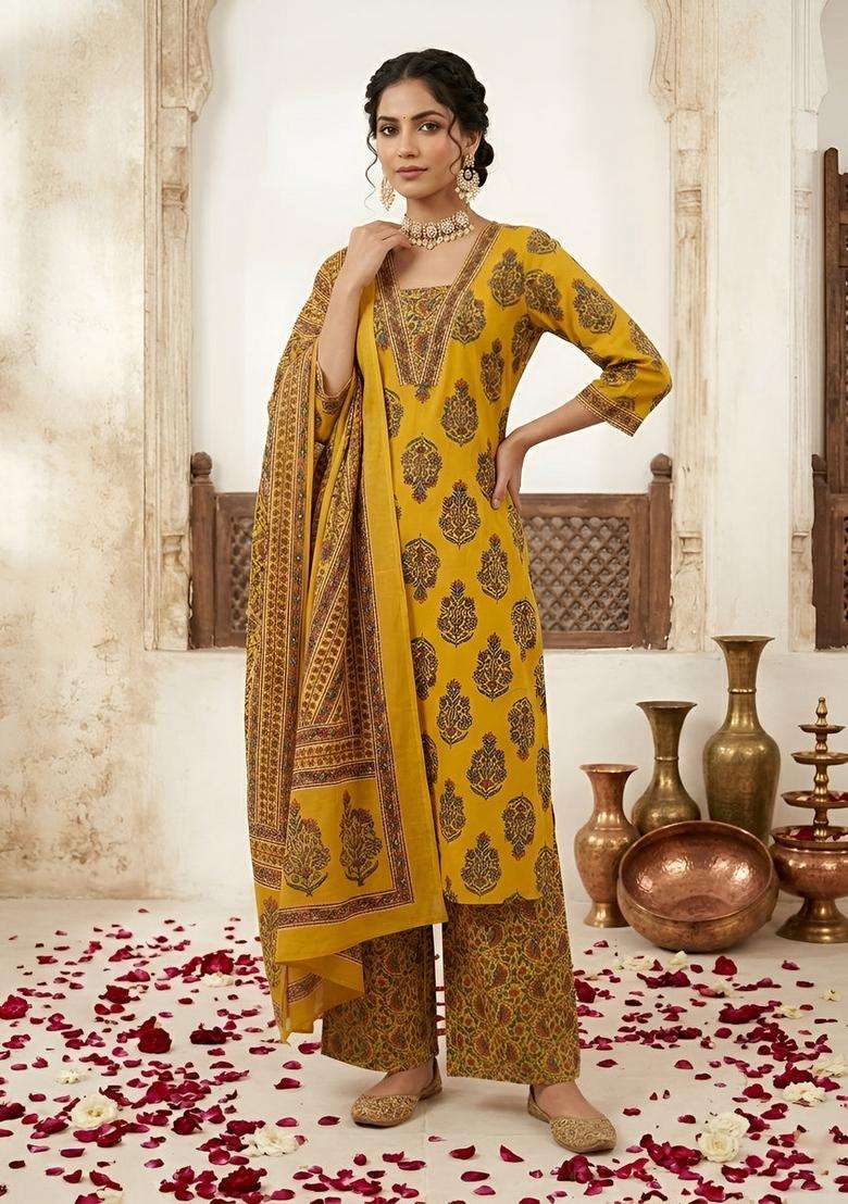 Yellow Printed Cotton Kurta Set - Indya