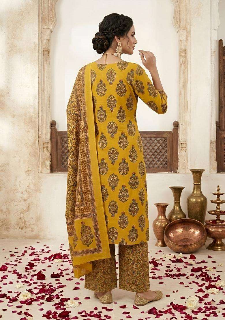 Yellow Printed Cotton Kurta Set - Indya