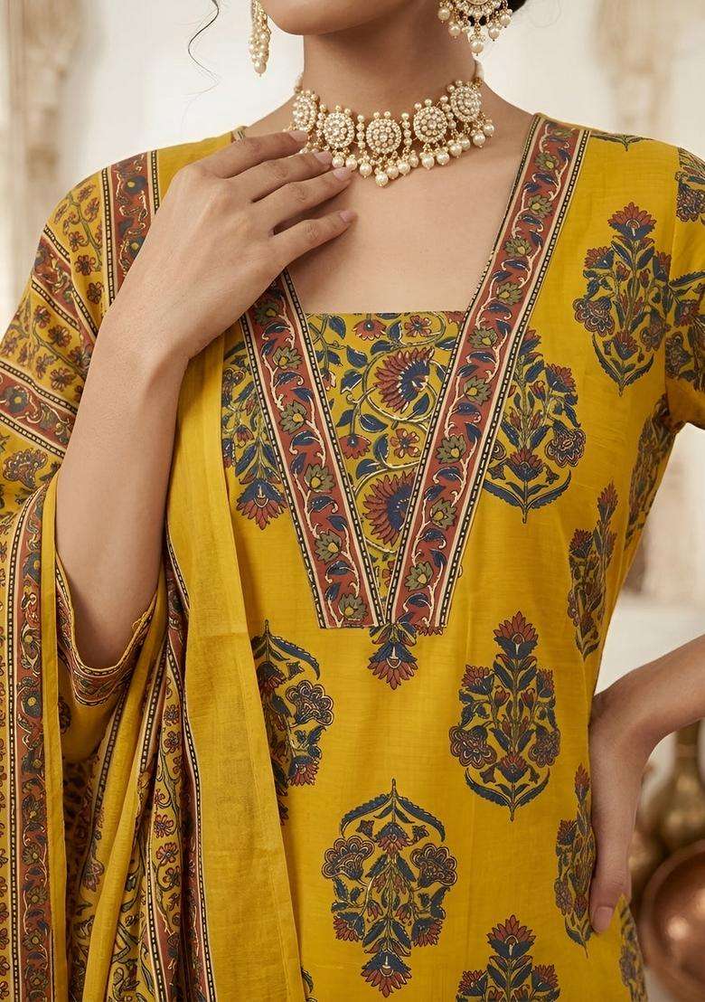 Yellow Printed Cotton Kurta Set - Indya