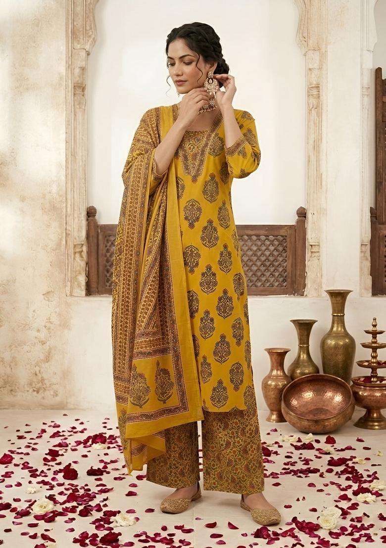 Yellow Printed Cotton Kurta Set - Indya