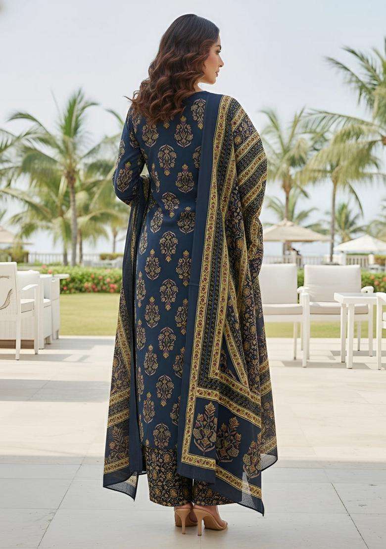 Navy Blue Printed Cotton Kurta Set - Indya