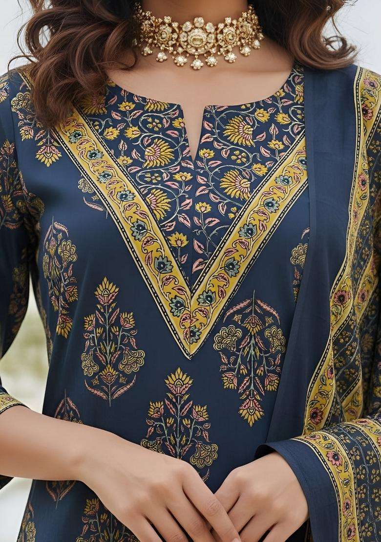 Navy Blue Printed Cotton Kurta Set - Indya