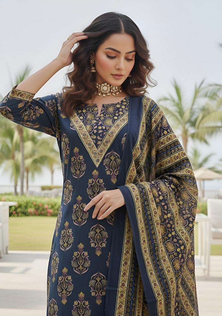 Navy Blue Printed Cotton Kurta Set - Indya