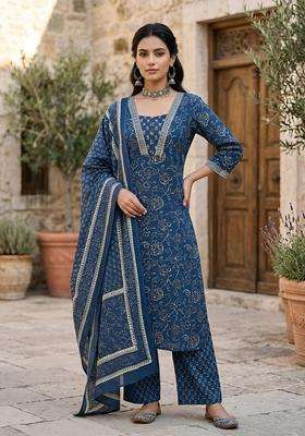 Navy Blue Printed Cotton Kurta Set