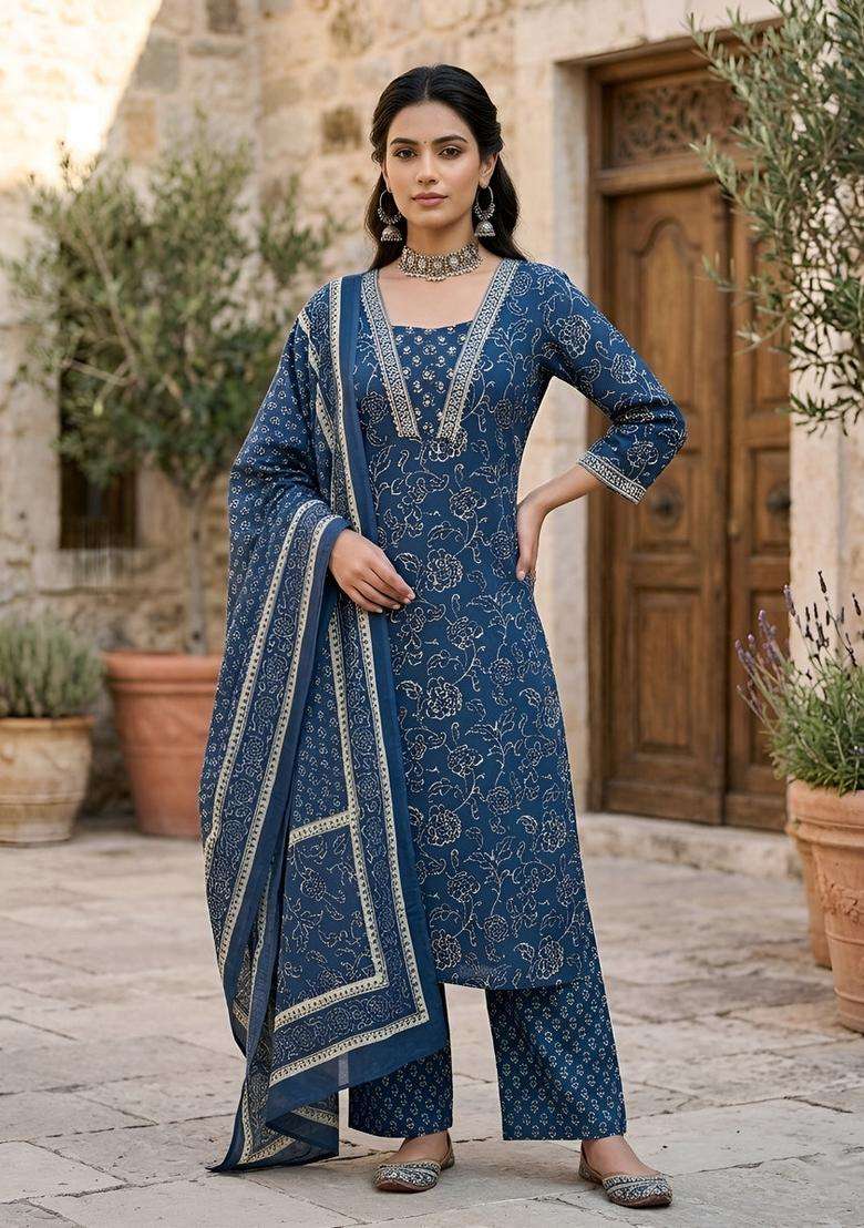 Navy Blue Printed Cotton Kurta Set - Indya