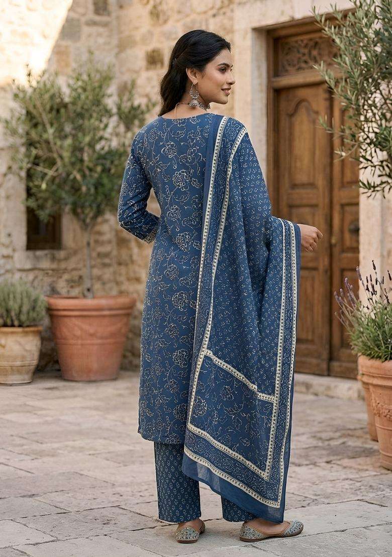 Navy Blue Printed Cotton Kurta Set - Indya