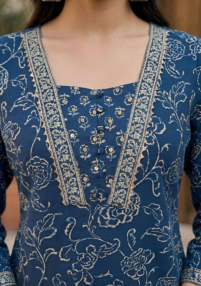 Navy Blue Printed Cotton Kurta Set - Indya