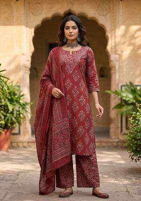 Maroon Printed Cotton Kurta Set
