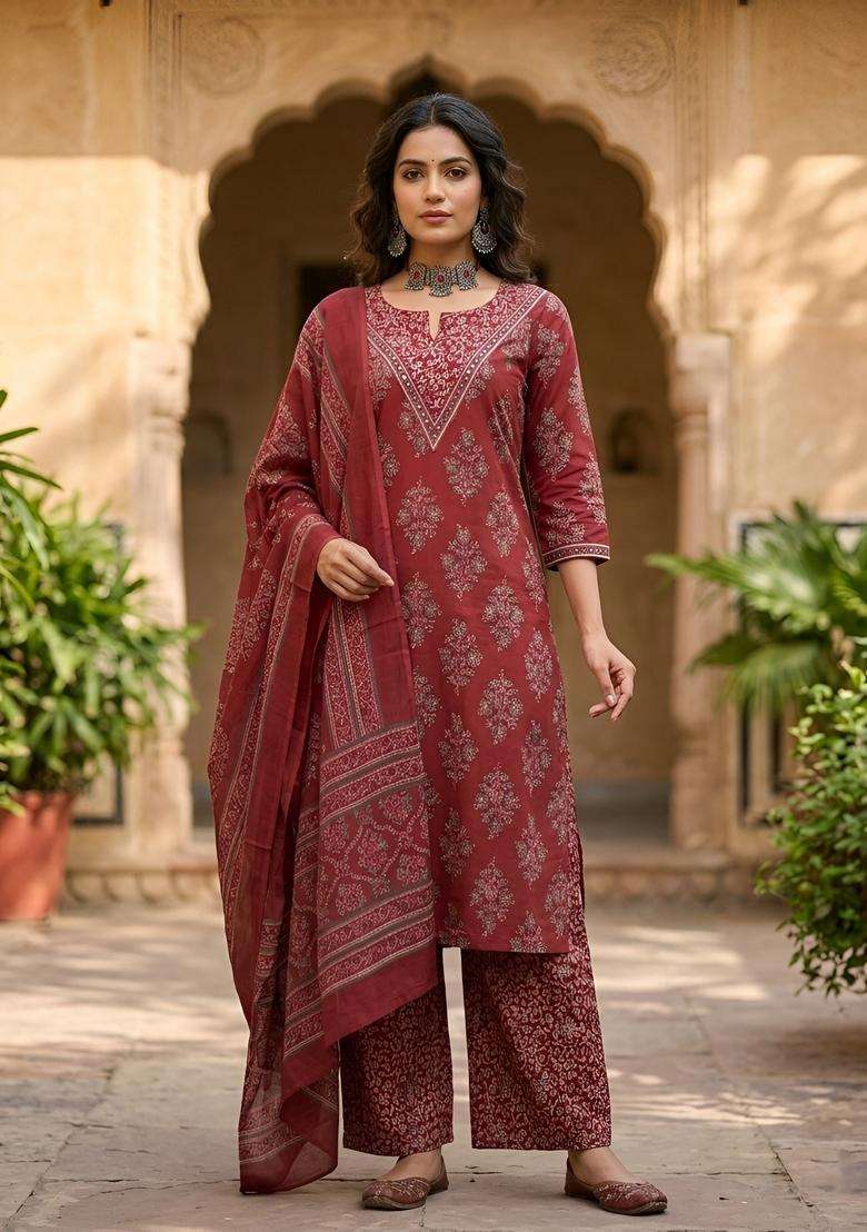Maroon Printed Cotton Kurta Set - Indya