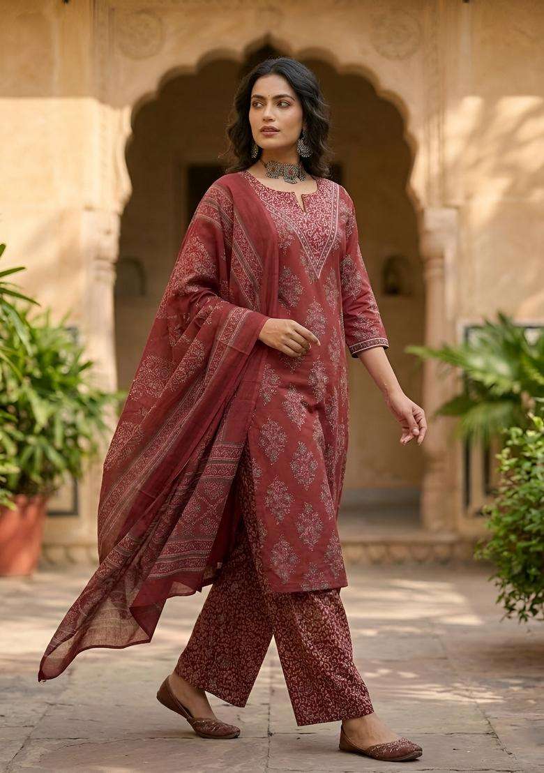 Maroon Printed Cotton Kurta Set - Indya