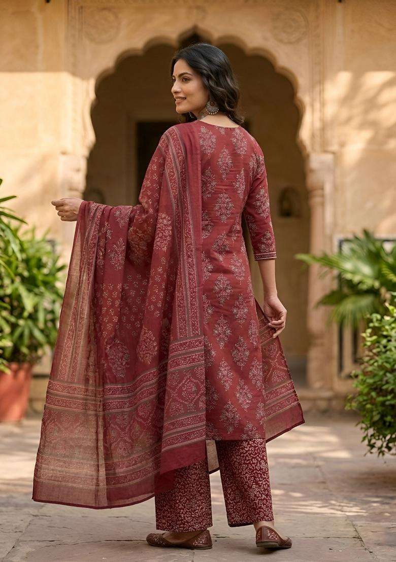 Maroon Printed Cotton Kurta Set - Indya