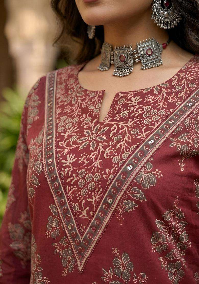Maroon Printed Cotton Kurta Set - Indya