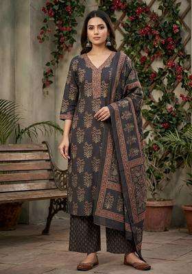 Black Printed Cotton Kurta Set