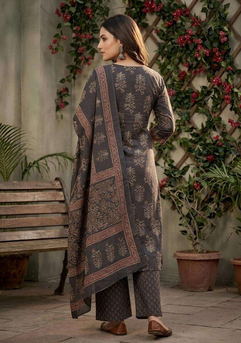 Black Printed Cotton Kurta Set - Indya