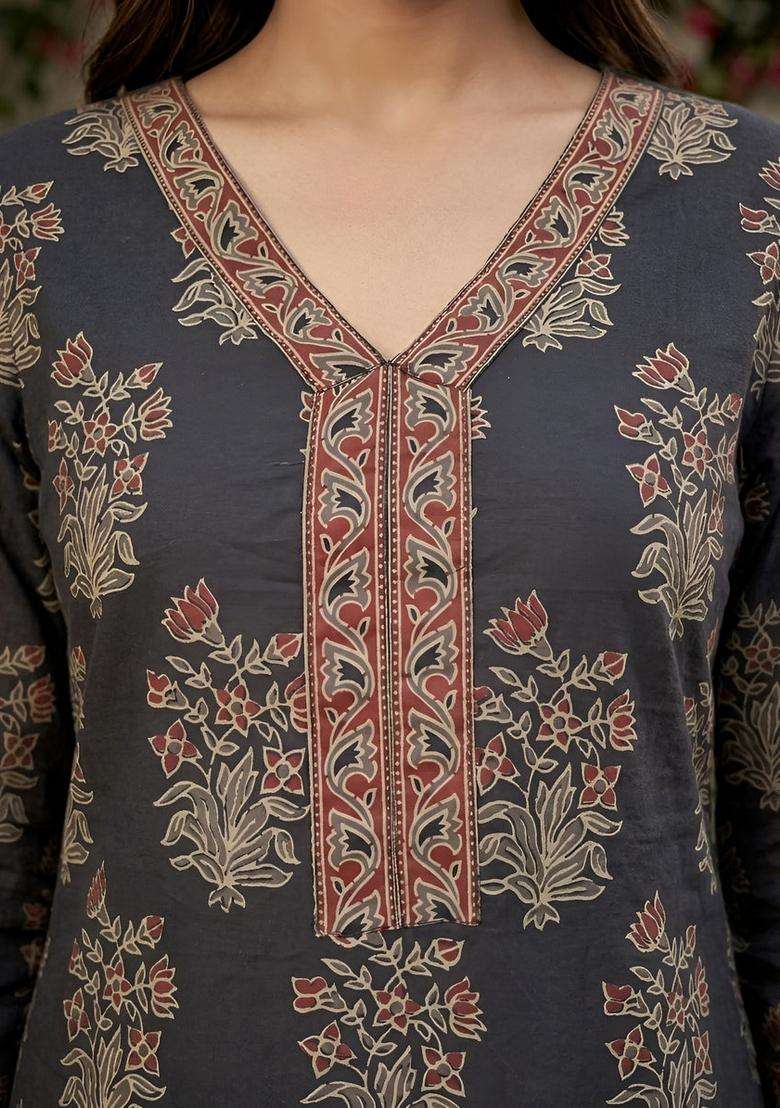 Black Printed Cotton Kurta Set - Indya