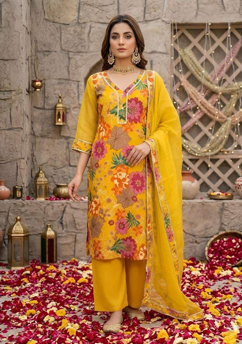 Yellow Printed Silk Kurta Set - Indya