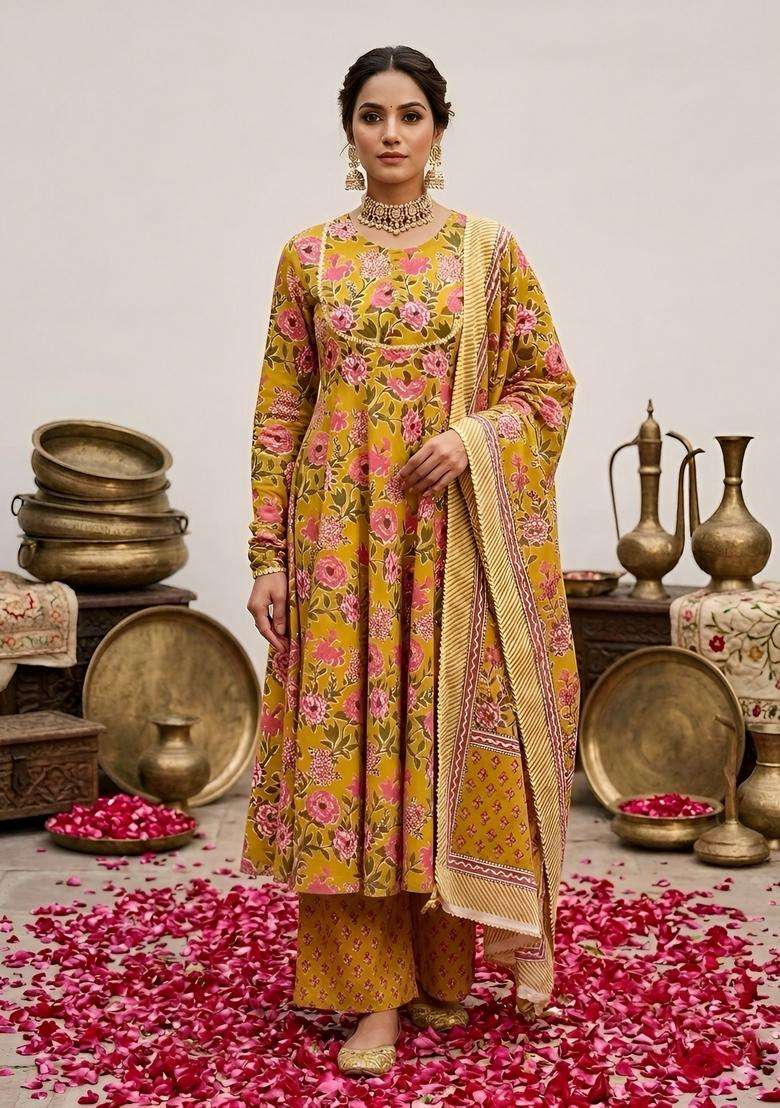 Yellow Printed Cotton Kurta Set - Indya