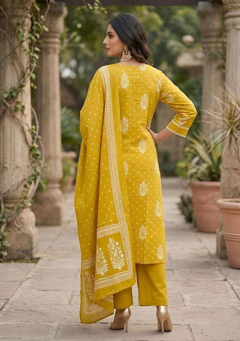 Yellow Printed Cotton Kurta Set - Indya