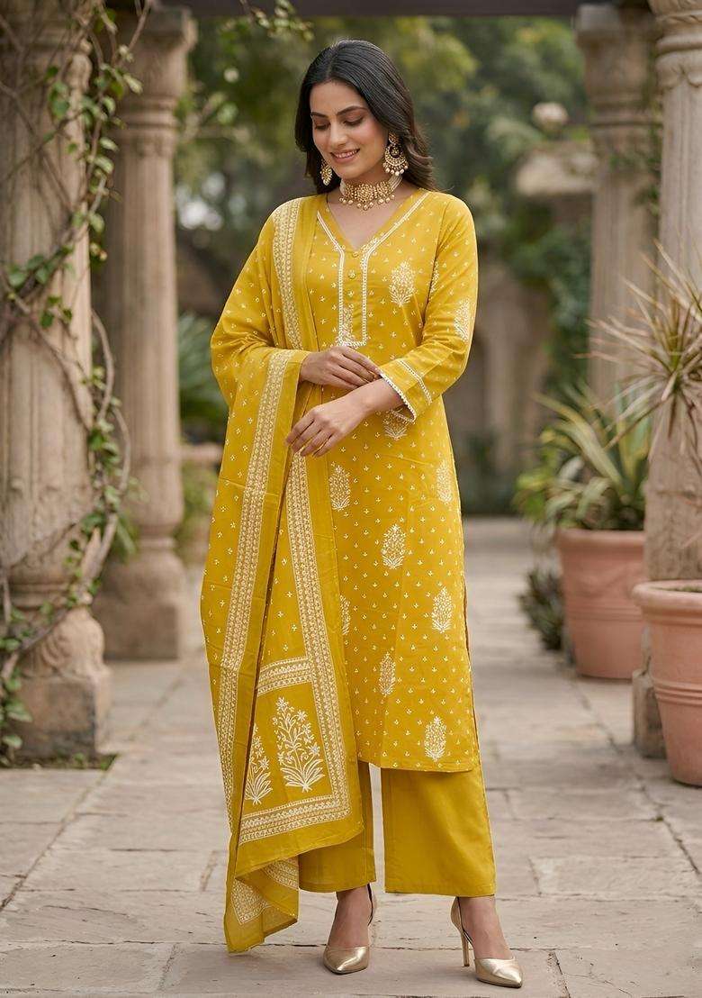Yellow Printed Cotton Kurta Set - Indya