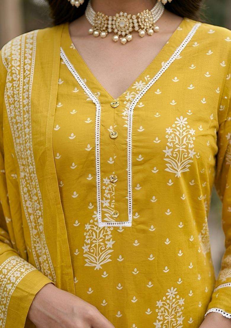 Yellow Printed Cotton Kurta Set - Indya