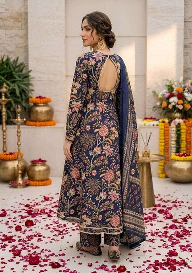 Navy Blue Printed Cotton Kurta Set - Indya