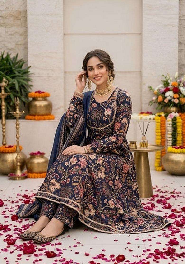Navy Blue Printed Cotton Kurta Set - Indya