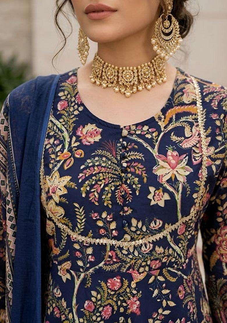 Navy Blue Printed Cotton Kurta Set - Indya
