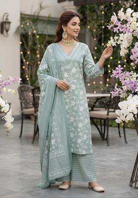 Green Printed Cotton Kurta Set